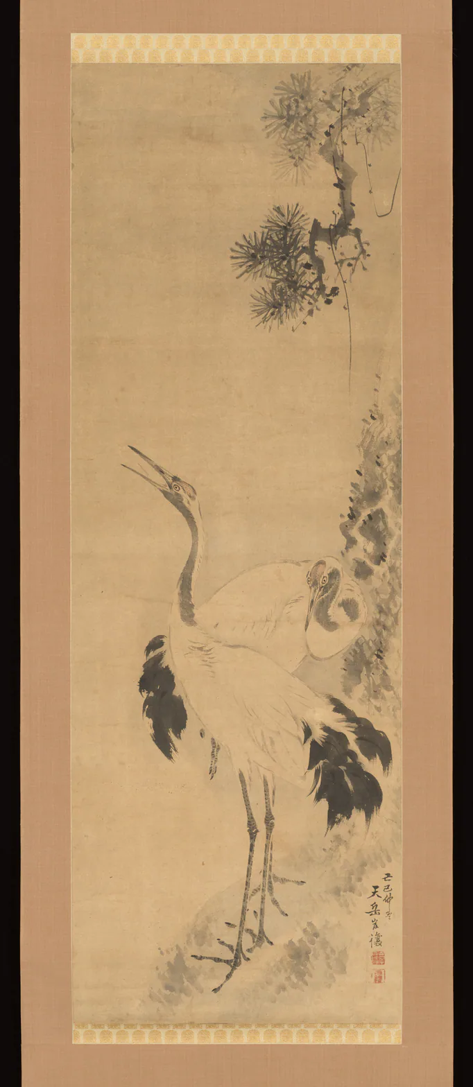 Two Birds: hanging scroll; ink on paper by Ganjō Tengaku, dated 1869.