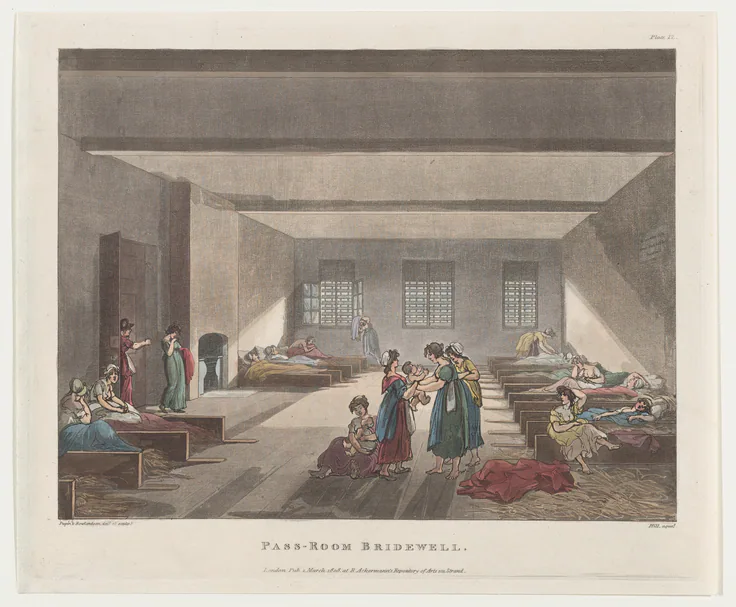 Pass-Room Bridewell: hand-colored etching and aquatint by Thomas Rowlandson, 1808.
