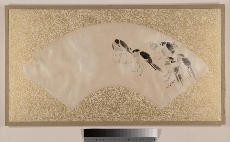 Birds: fan painting mounted as album leaf; tempera on paper by Shibata Zeshin, late 19th century.