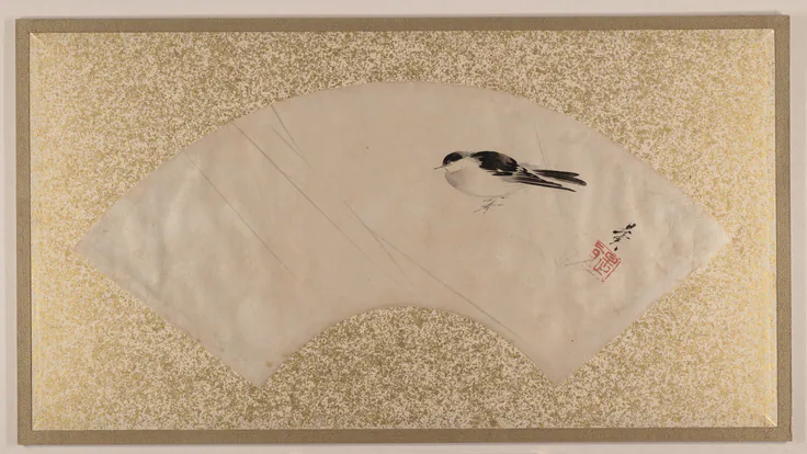 Birds: fan painting mounted as album leaf; tempera on paper by Shibata Zeshin, late 19th century.