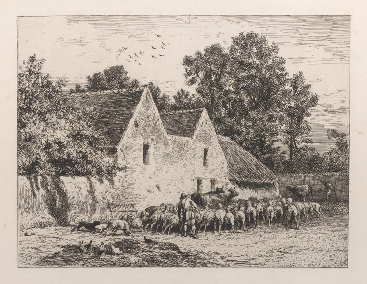 A Farm: etching by Charles Jacque, 1864.