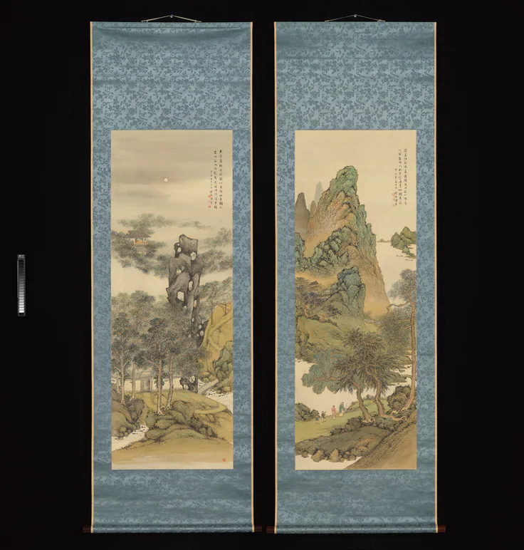 Summer and Autumn Landscape: diptych of hanging scroll; ink and color on silk by Okuhara Seiko, 1904.
